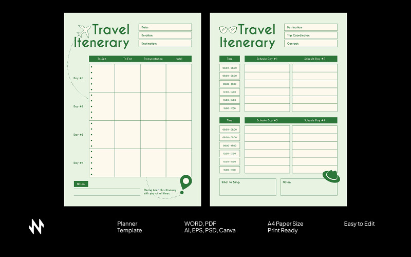 Green Travel Itinerary Planner Template Corporate Identity