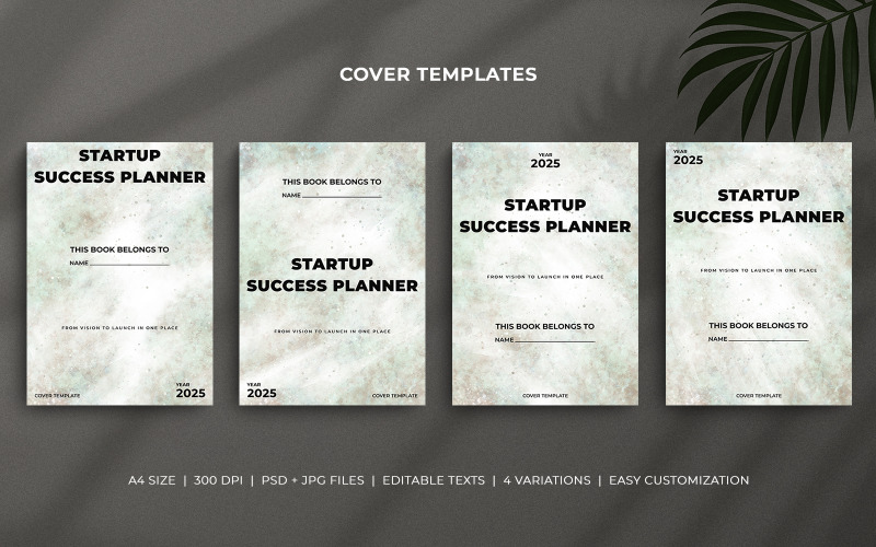 Startup Success Planner Cover Templates Set with Brown Green Watercolor Grunge Design - Editable Corporate Identity