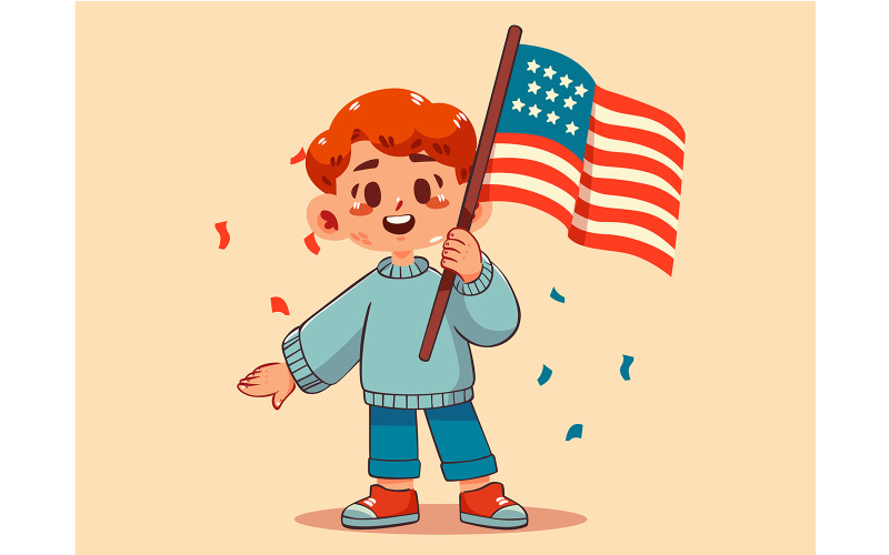 Cartoon Boy Holding a American Flag Illustration