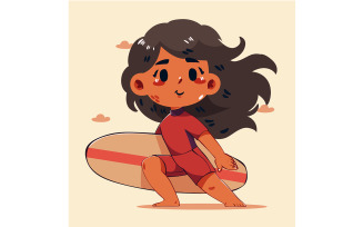 Cartoon Girl Happily Holding a Surfboard
