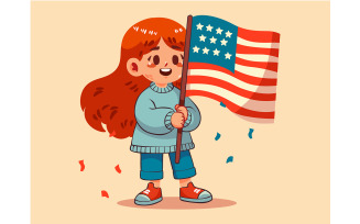 Cartoon Girl Holding a American Flag