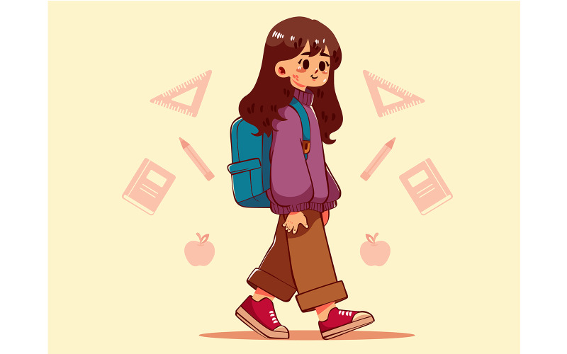Cartoon Girl with a School Bag Illustration