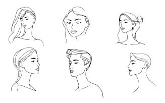 Set of stylized woman faces. Modern single line art. Woman beauty fashion concept.