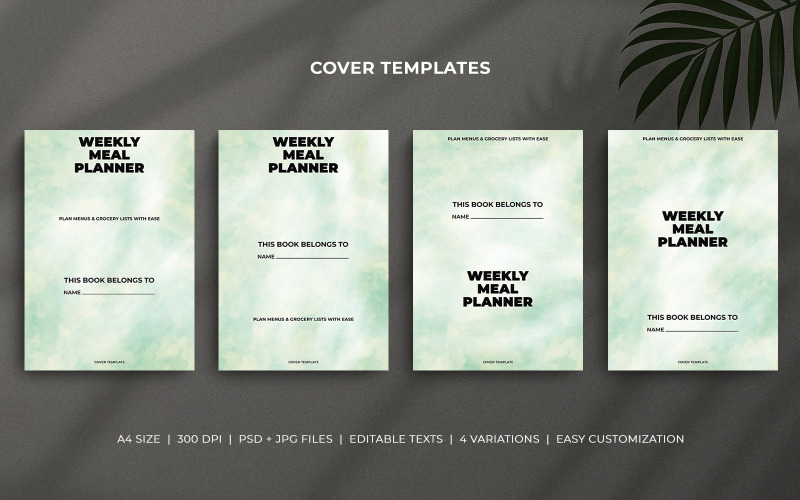 Weekly Meal Planner Cover Template Set - Pastel Green Watercolor Design - Editable A4 Covers Corporate Identity