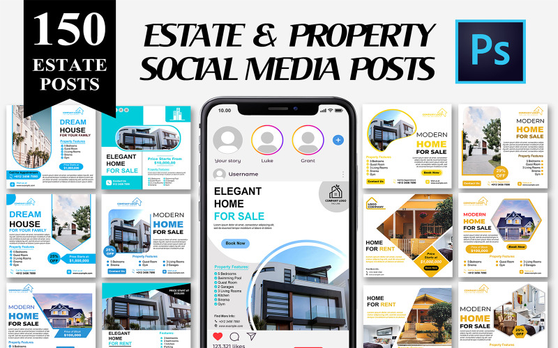 150 Estate Sale Rent Social Media Posts easy editable in Adobe Photoshop