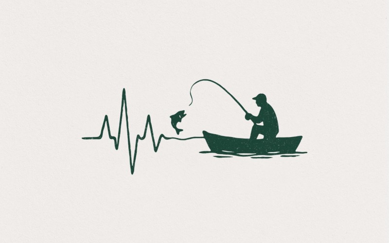 Fishing Heartbeat PNG, Digital Download, Fisherman Line Art, Fishing Gift, Boat Fisher Silhouette Illustration