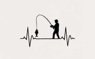 Fishing Heartbeat PNG, Fisherman Silhouette Digital Download, Fish Lover Shirt Design, Pulse Line