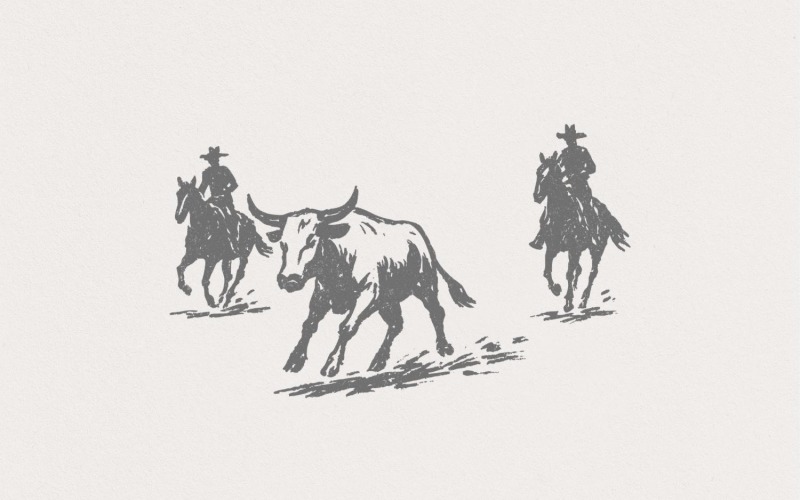 Western Rodeo PNG, Cowboy Digital Download, Cattle Ranch Art, Cowboy Clipart, Steer Roping, Wild Illustration