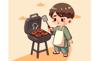 Cartoon Boy Cooking Meat on a Grill