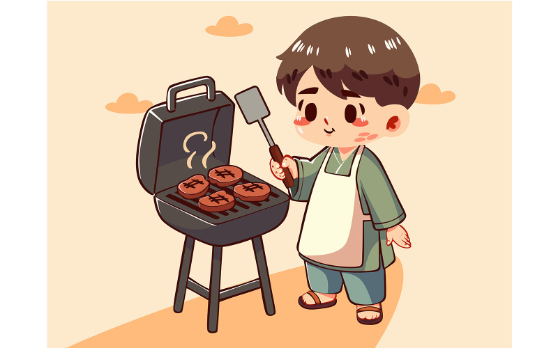 Cartoon Boy Cooking Meat on a Grill Illustration
