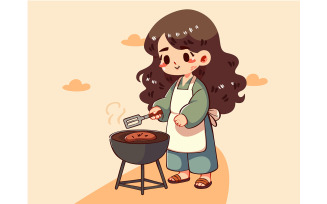 Cartoon Girl Cooking on a Grill
