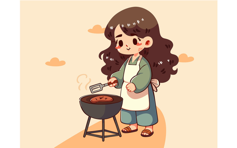 Cartoon Girl Cooking on a Grill Illustration