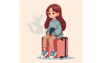 Cartoon Girl Sitting on Pink Luggage