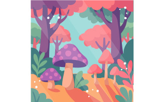 Cartoon Whimsical Mushroom and Trees