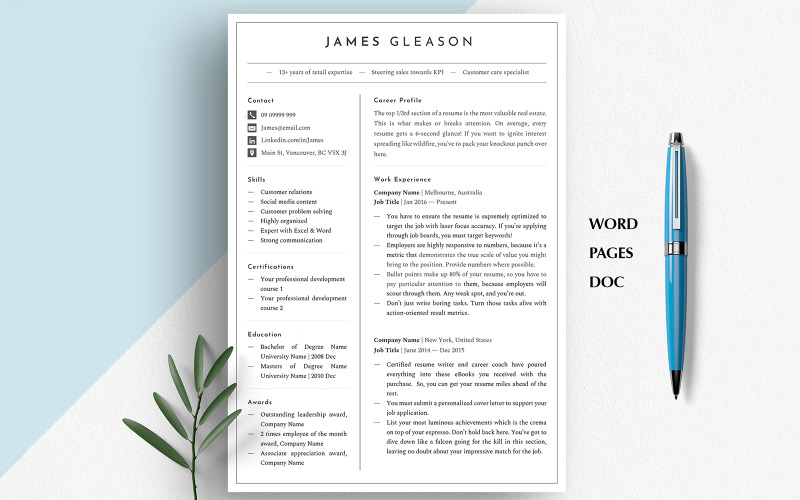 Minimalist Resume Template | ATS-Friendly CV for Word, Pages & Google Docs | Cover Letter
