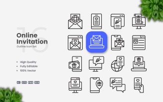 16 Online Invitation Outline Icons Set