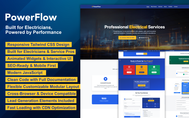 PowerFlow Electrical HTML Tailwind Template Landing Page Template