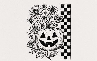 Jack O Lantern Flowers PNG, Halloween Pumpkin Digital Download, Fall Floral Art, Spooky Checkered