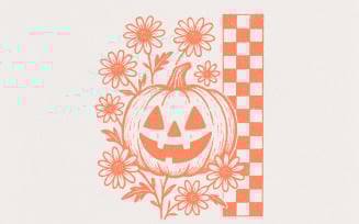 Pumpkin Floral PNG, Vintage Halloween PNG Digital Download, Checkerboard Halloween Shirt, Retro