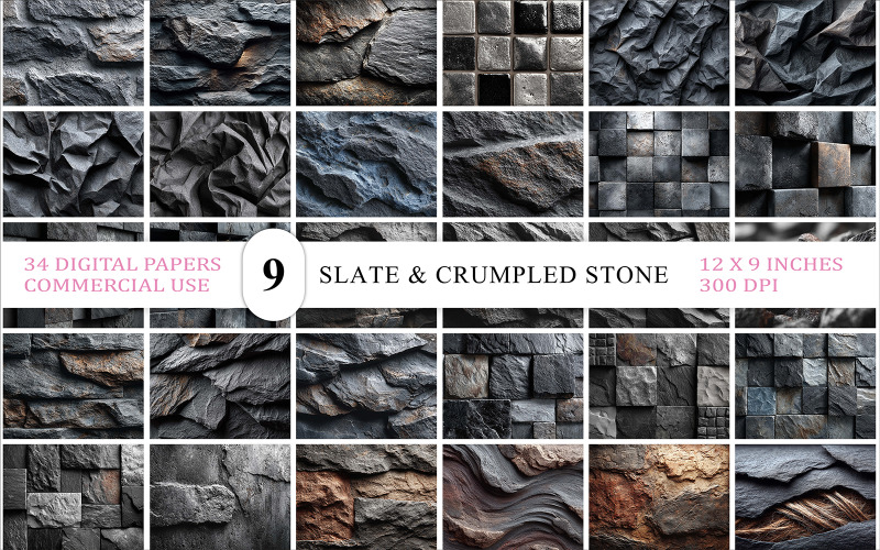 Cracked Stone & Geometric Tile Texture | Dark Slate & Crumpled Rock Texture Background
