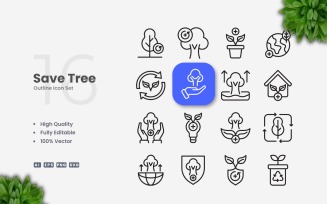 16 Save Tree Outline Icons Set
