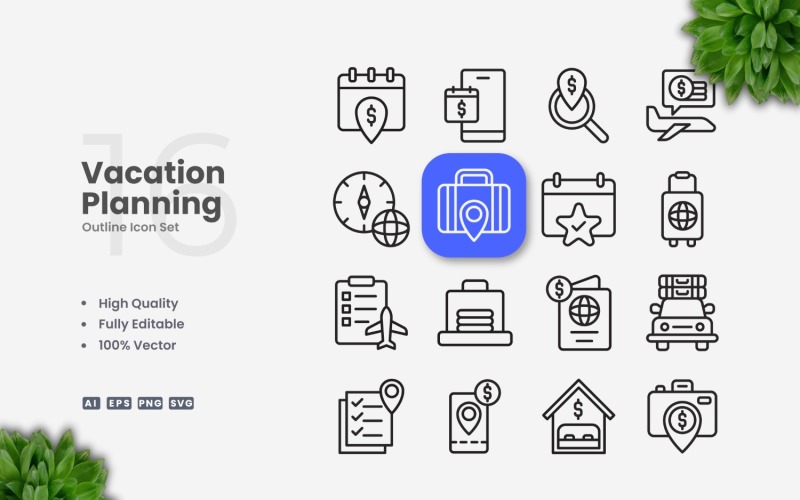 16 Vacation Planning Outline Icons Set Icon Set
