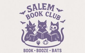 Salem Book Club PNG, Book Booze Bats Digital Download, Halloween Cat Art, Witchy Reading Group,