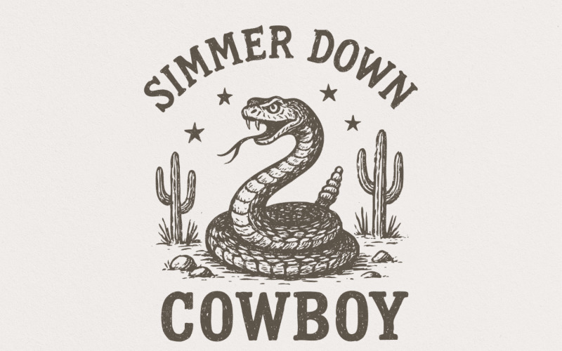 Simmer Down Cowboy PNG, Western Snake PNG Design, Vintage Cowboy Printable Shirt, Desert Western Illustration