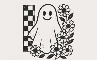 Smiling Ghost PNG, Black And White Floral Ghost Clipart, Checkerboard PNG, Daisy Retro Digital