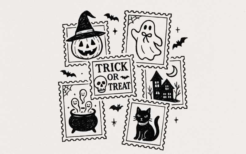 Trick Or Treat PNG, Halloween Digital Download, Black Cat, Ghost, Pumpkin Art, Spooky Clipart, Illustration