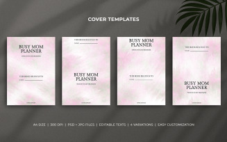 Busy Mom Planner Cover Templates – Green & Rose Watercolor Brush Stroke, Editable PSD Design Set