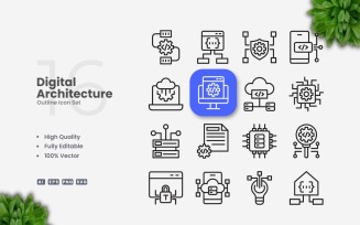 16 Digital Architecture Outline Icons Set