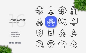 16 Save Water Outline Icons Set