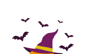 Spooky Halloween Pumpkin with Witch Hat and Bats Illustration
