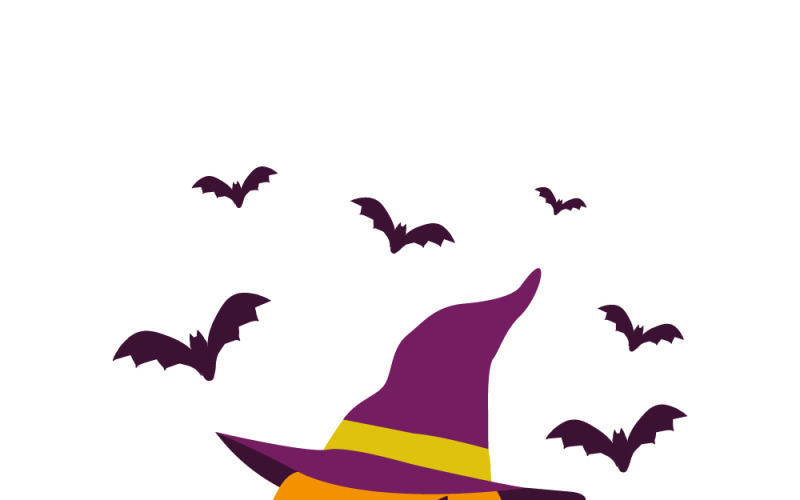 Spooky Halloween Pumpkin with Witch Hat and Bats Illustration Vector Graphic