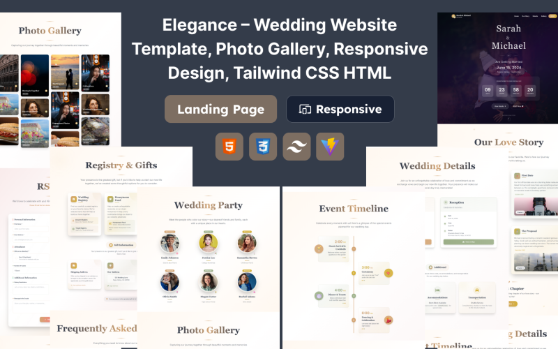 Elegance – Wedding Website Template, Photo Gallery, Responsive Design, Tailwind CSS HTML Landing Page Template