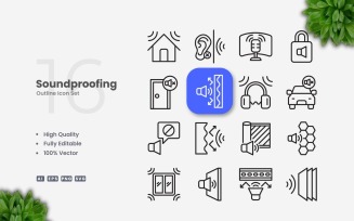 16 Soundproofing Outline Icons Set