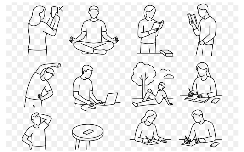 Minimalist Line Art of Daily Mindful Habits Wellness, Focus & Self-Care Illustration Corporate Identity