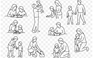 Minimalist Line Art of Parents and Children Bonding – Family Activities Illustration Set