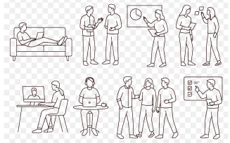 Minimalist Line Art Set of Remote Work and Team Collaboration Business & Productivity Scenes
