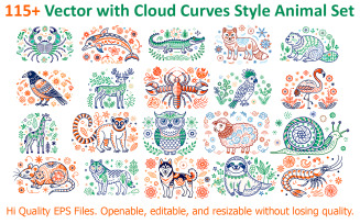 115+ Vector with Cloud Curves Style Animal Set