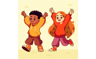 Cartoon Kids with Their Hands Raised