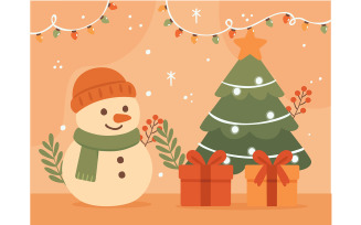 Cheerful Snowman Standing Beside Christmas Tree