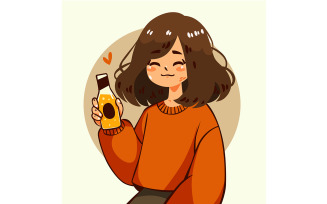 Illustration of a Cheerful Woman Holding Bottle Beer