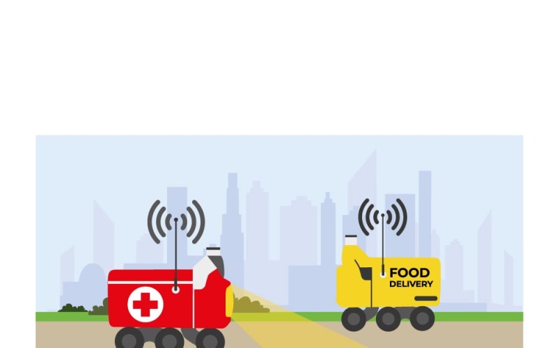 Urban Automation Revolution: Robots Delivering Medicine and Food in Smart Cities Vector Graphic