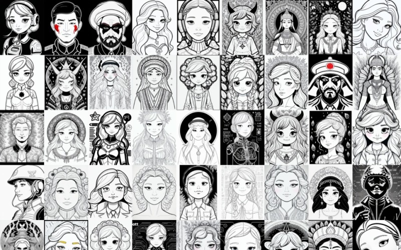 Monochrome Dreams: 50 AI Character Portrait Collection Illustration