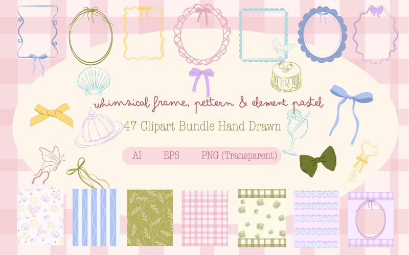 Whimsical Frame, Pattern & Element Pastel Clipart Bundle Icon Set