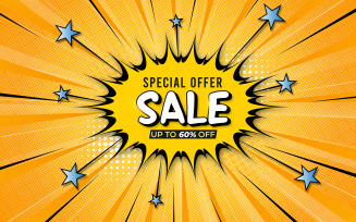 Flat Design Yellow and Blue Comic Style Background Sale With Offer Vector