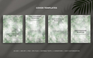 Trip Itinerary Planner Cover Templates with Green, Grey Brushstroke Background – Editable PSD
