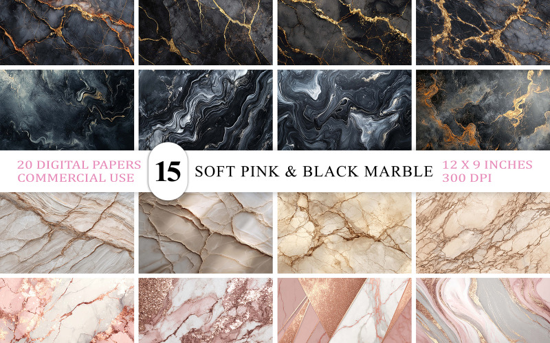 Blush Pink Marble Backgrounds | Soft Pink and Black Marble Texture Digital Paper | Elegant Rose